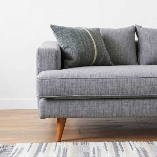 The 'Laurentian' Sofa: a plush, three-seater sofa upholstered in a soft, light grey fabric with elegant, tapered wooden legs.